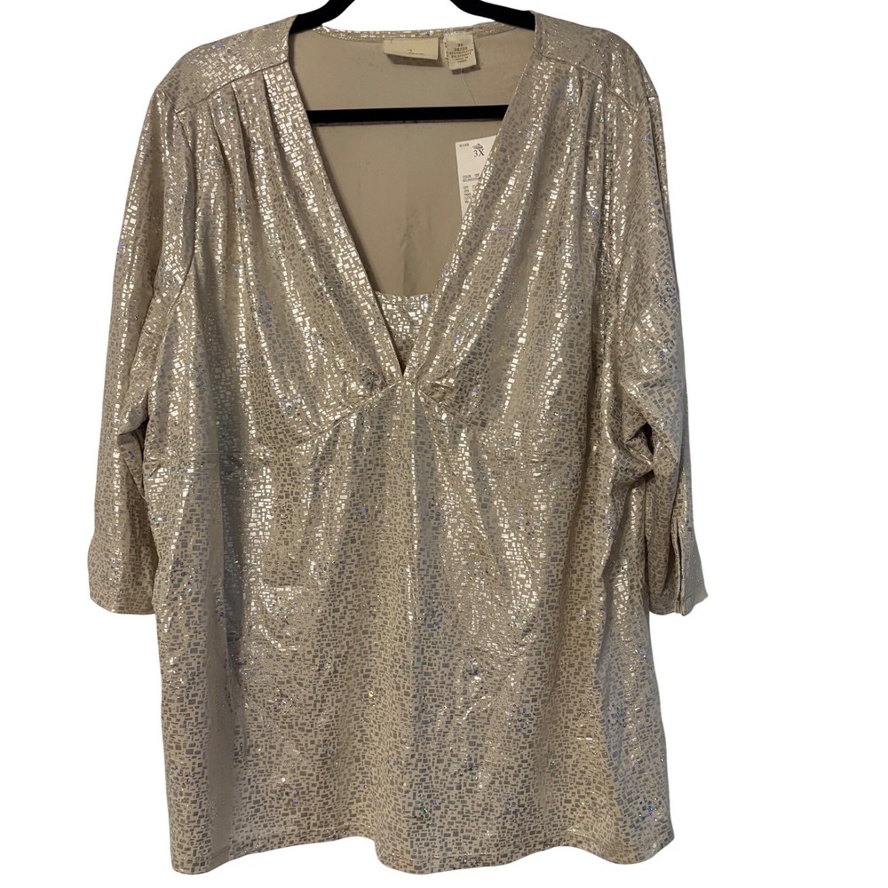 Jane Plus Size 3X Silver Metallic Foil Sequin V-Neck 3/4 Sleeve Blouse K51960335